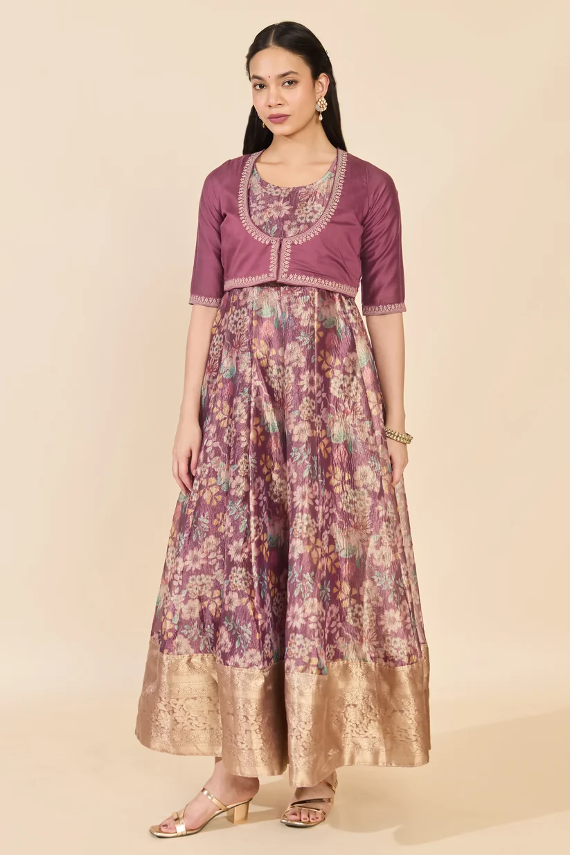 Pink Floral Anarkali with Overcoat